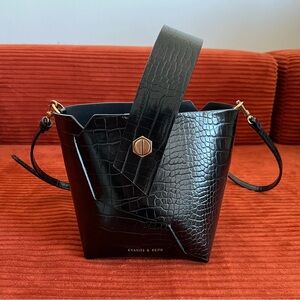 Charles & Keith Faux Croc Top Handle Bag (Black)